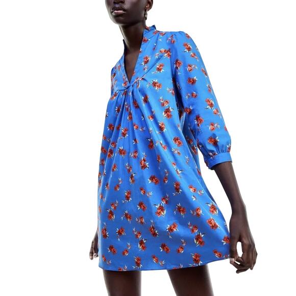 ZARA Emma Mini Tunic Dress Floral V-Neck 3/4 Sleeves Ruffled Neck Cotton Medium - Picture 10 of 10
